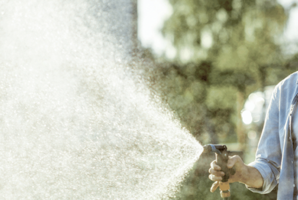 Man around 30 years old smiling while watering his garden with a hose. The water is spraying towards the camera.